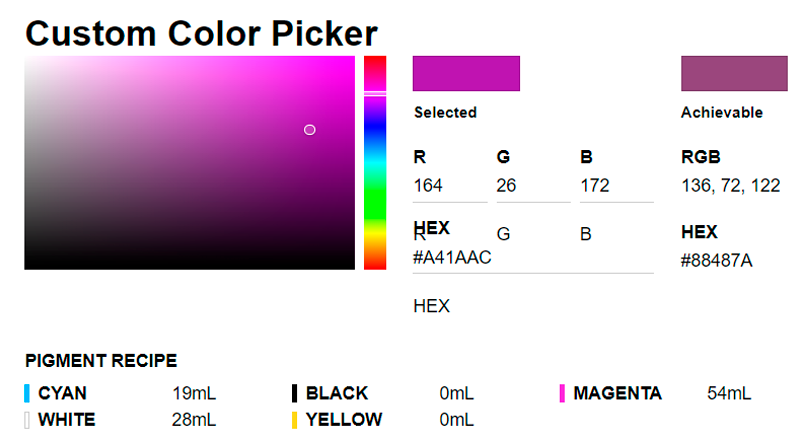 The custom color picker for the FormLabs pigment resins